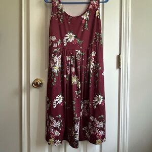 Red and White Pleated Midi Sundress Scoop Neck